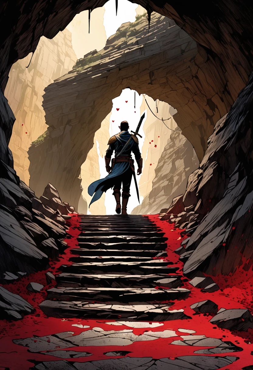 "A dagger stabbing a broken heart, cave, symbolic, comic book illustration in the style of Frank Quitely, (best quality, highres, realistic:1.37), detailed shadows, vibrant colors, dramatic lighting, textured rocks, mysterious atmosphere, dynamic composition, intricate linework, crisp details, emotive characters, intricate detailing on the dagger and heart, contrasting light and dark elements, intricate motifs, clear comic book style, strong sense of movement, ink wash shading, expressive lines, atmospheric perspective, intense emotions, symbolic blood splatters, captivating storytelling, authentic comic book feel, intricate hatching, symbolic cracks on the broken heart, intense facial expressions, profound symbolism, dynamic action poses, carefully designed cave entrance, eye-catching visual impact, immersive narrative, masterful composition, impactful visual storytelling, dark and dramatic tones, cinematic shading, intense character interactions, detailed textures on the cave walls, symbolic lighting effects, captivating depth and dimension, absorbing narrative, rich visual storytelling."