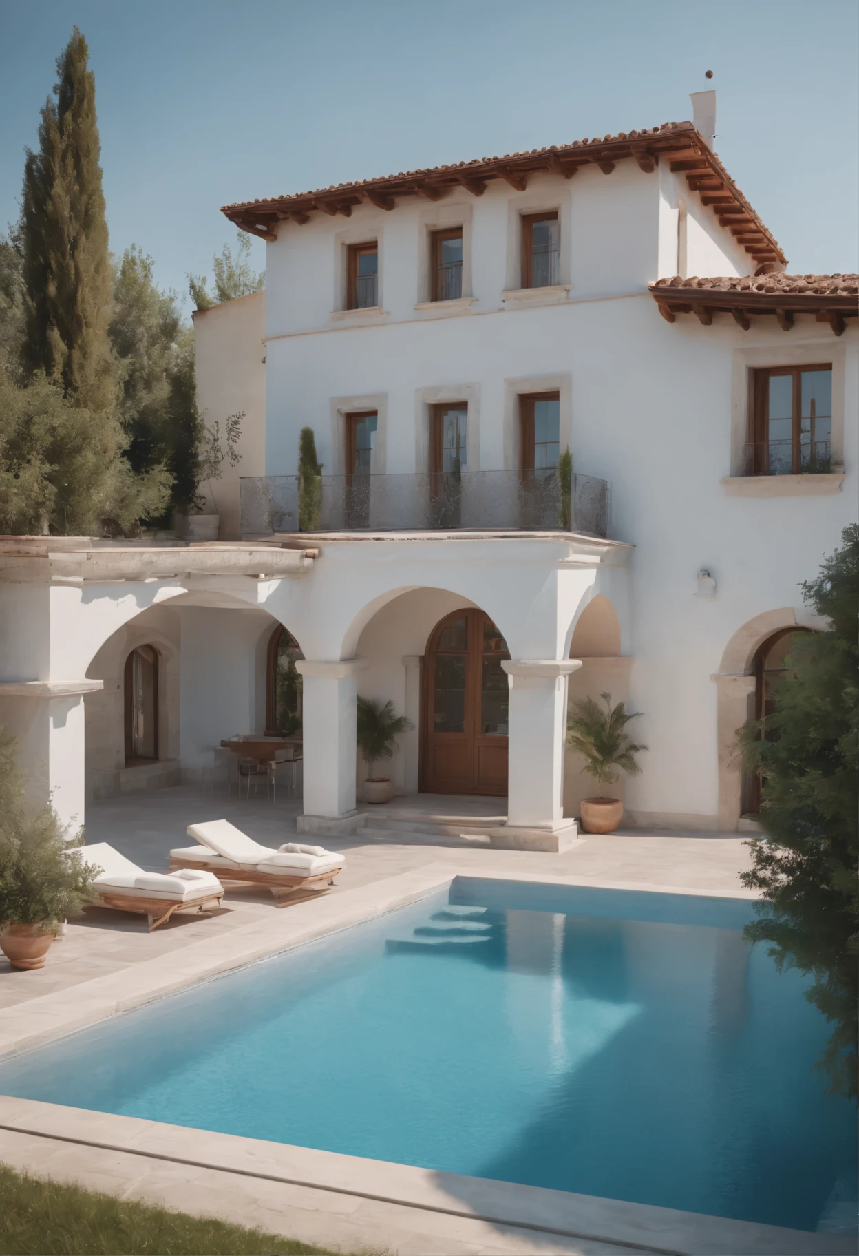a very cute Russian The most beautiful exterior image of a one-story house with a swimming pool in the design style of modern Mediterranean in background, world-class magazine style images. ultrarealistic