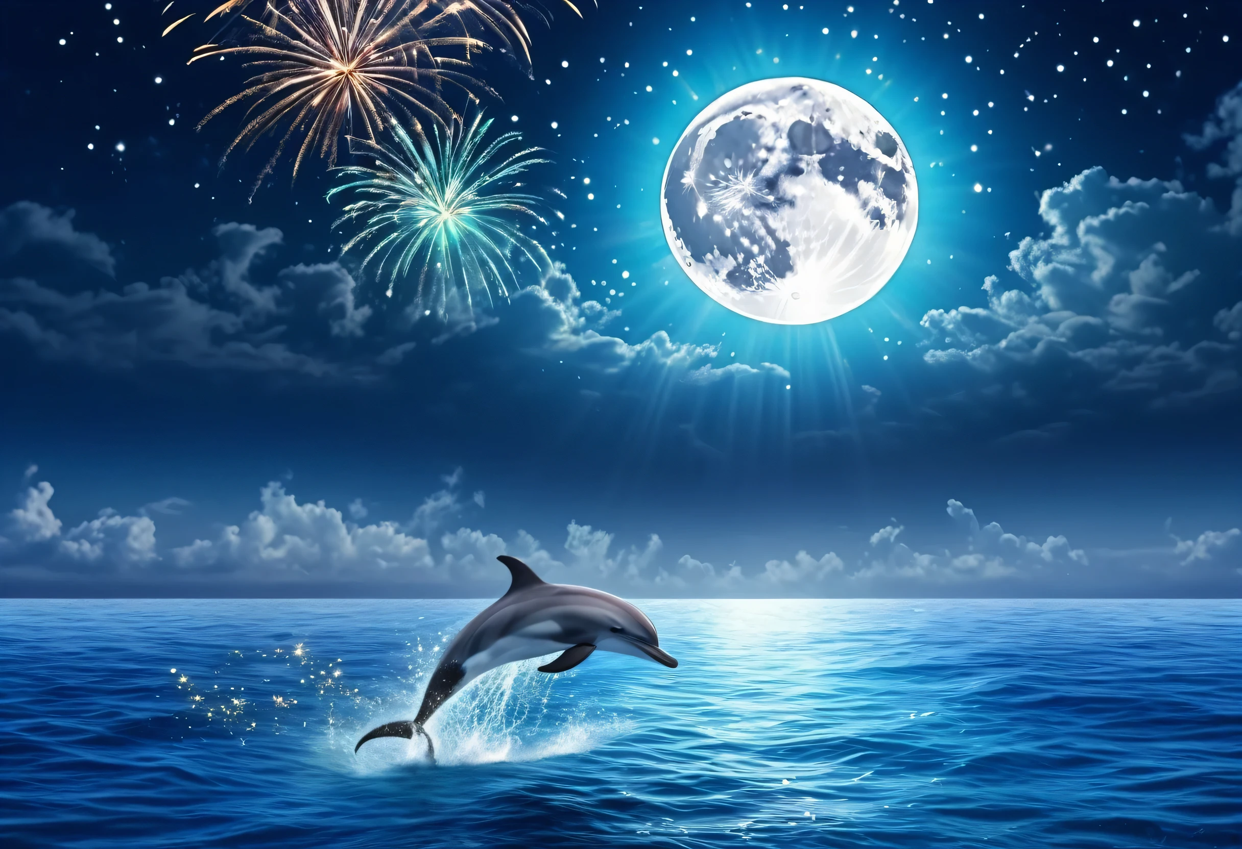 Dolphin and fireworks over the ocean with a full moon, wonderful background, Magical Ocean, wonderful background, wonderful, Dolphin jumping, Dolphin, 2 5 6 x 2 5 6, 256x256,Moonlight Background