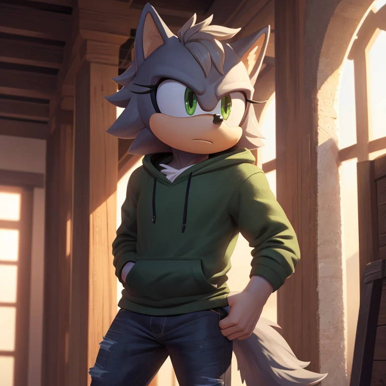 sonic_(series), wolf, male, 1boy (((mobian))), ((fit body, tall)), (gray hair, short hair, black fur, gray beard, gray mustache), ((green eyes)), (black hoodie, green shirt, black jeans ), masculine, strong, handsome, masterpiece, 4k, high quality, studio quality, detailed, insanely detailed, extreme detail, refined detail, perfect detail, max detail ,