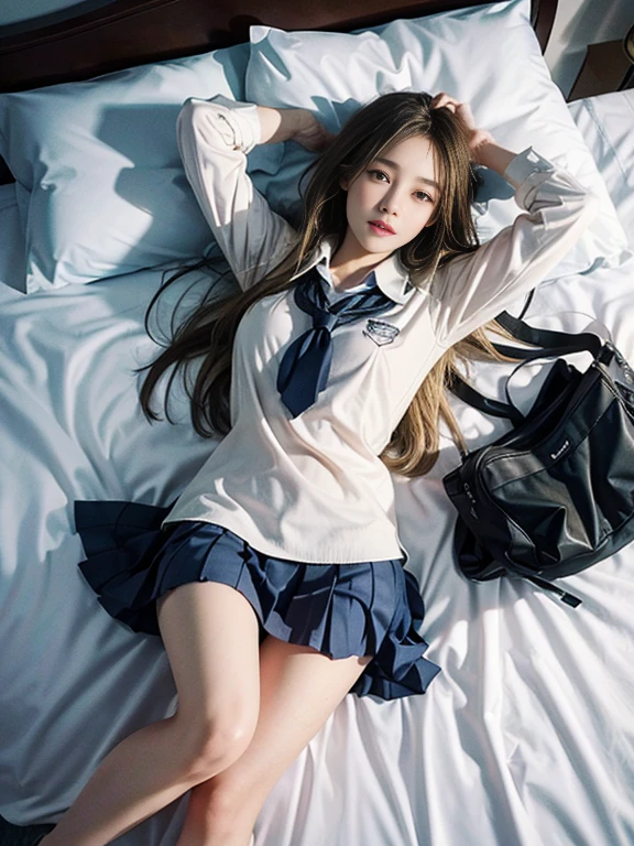 nsfw,Best Quality, Masterpiece, 1 Girl, Beautiful Face, (Photorealistic Photo:1.3), Rim Lighting, (High Detail Skin:1.2), 8K UHD, DSLR, High Quality, High Resolution, 4K, 8K, Bokeh , Absurdity, ( Real:1.3), A cute girl, (school uniform:1.3),long hair ,(blonde:1.2),small breasts, full body,slender body,smile,spread legs,(lying on bed:1.2),(from above:1.3)
