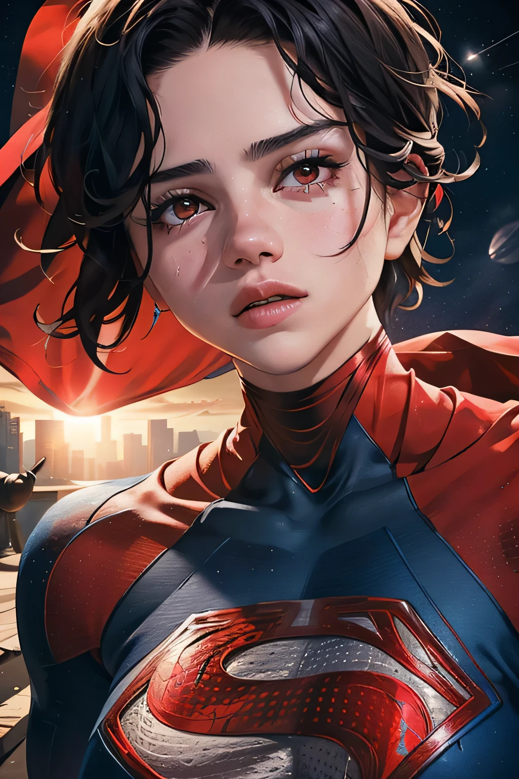 (masterpiece:1.3), (8k, Realistic, RAW Photos, highest quality: 1.4), Absurd, Charm, Ultra-high resolution, Ultra-realistic, Very detailed, Golden Ratio, (Realistic), (Best Shadow), Low contrast, (Complex:1.4), Side lighting, 8K, Beautiful Face, (Realistic Face), Beautiful hairstyle, Realistic eyes, Beautiful fine details, (Realistic Skin), Beautiful Skin, (One girl), ((Sasha Calle)), ((SUPER GIRL)), (Accurate hand and finger depiction), Supergirl Women, ((Red cloak)), (Black Hair, Handsome Short:1.3), (Large Breasts), glamorous, (A ripped and tattered suit), (A look of shame:1.0), ((Red Eyes)), (Flushed), Sweat, (Earth from Space), full body,