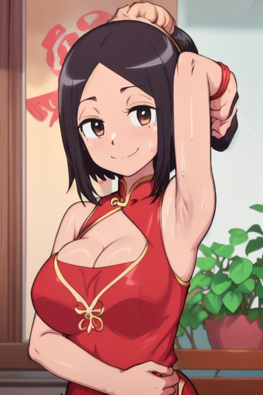 masterpiece, best quality, satomi tachibana, looking at viewer, large breasts, upper body, portrait, seductive smile, put your hands behind your head, armpits, armpits visible, sweaty armpits, wearing red chinese dress, breast cleavage