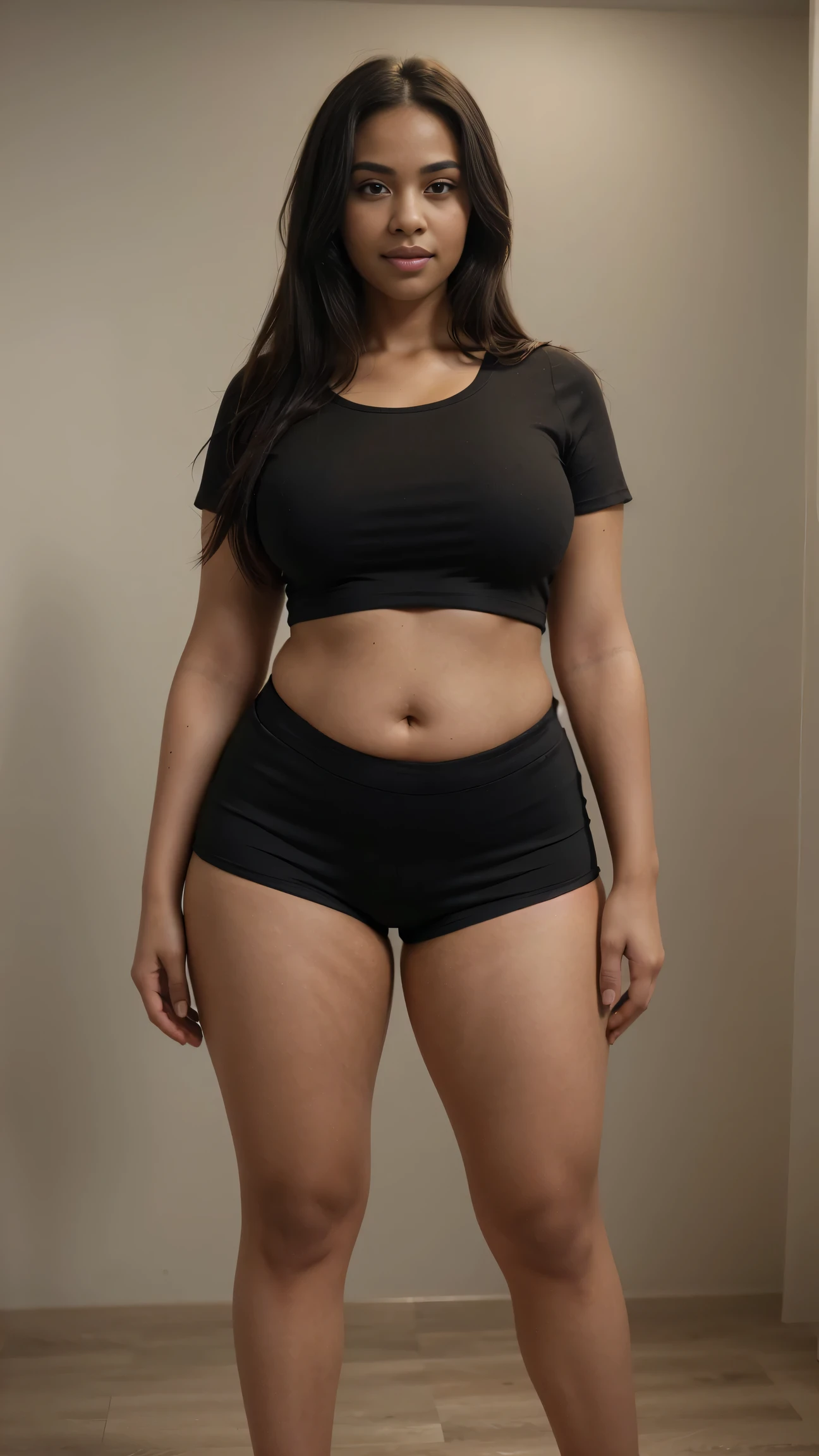 (ultra high definition), (ultra high definition), (full sharpness), (maximum quality), (Cinematic), (8k), (very black Girl), ((very tall girl), ((chubby)), ((extremely beautiful)), (alone), ((full body)), (ultra detailed face), (ultra detailed eyes), (ultra realist eyes), (perfect body), (delicate hands), (very detailed hands), (studio lighting), ((front view)), (very sexy), (malicious smile), (soft skin), (very insinuating), ((perky butt)), (((wearing shorts and t-shirt))), ((ultra wide hips)), (very thick thighs), ((very thin waist)), (very small breasts), (very big ass), (natural skin), (unique), (totally realistic), (very hot), (very fat ass), (very wide ass), (so sweet), temptation), (very wide pubis), (broad bones), (very round ass), ((no belly)), ((flat belly))