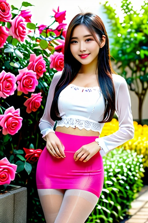 ((16k,super highest quality,Ultra-high resolution,masterpiece,Realistic,Realistic,Very detailed)),Young and adorable 16 year old〜20 year old girl,((Seamless Ultra-thin All-through Pantyhose,Ultra-thin seamless pantyhose, sexy, all-through, beautiful legs, tights, stockings, sheer, pantyhose, ladies)),Full body photo,Full body angle,Esbian all over,Baby Face,single eyelid,Long legs,Thin legs,Thin thighs,Beautiful hands and feet,chest,Cute smile,Adorable smile,nice smile,Colorful rose garden in the background,Long Straight Hair,Iris,Black Hair,A cute and beautiful Japanese girl who still retains her youthful charm,A body that still retains a youthful look,Slim waist,((Modern Chinese Traditional Costume,China dress,ミニChina dress,セクシーChina dress,China dressセクシーロリター服ワンピース))