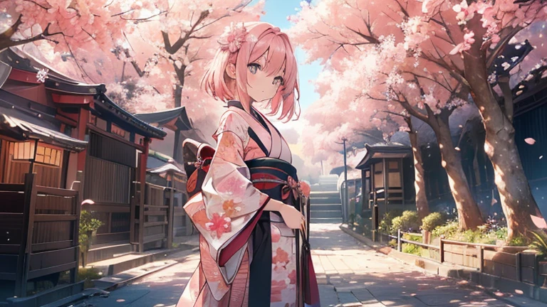 8k resolution, ((highest quality)), ((masterpiece)), ((Very detailed)), (andても繊細で美しい), and a girl, alone, 優A funny expression, 彼女はandても(calm down)and(Calm)exterior, Pink Hair, Depth of written restrictions., Bright smile, like々A funny expression, bright peach-colored eyes, beautiful Pink Hair, Beautiful background, Wide range, Line art, kimono rosa, Japan, Japan風, Eyes that shine like cherry blossoms, Upward glance, Great eyes, cherry blossoms, cherry blossoms tree, cherry blossoms flowers are dancing, Upper Body