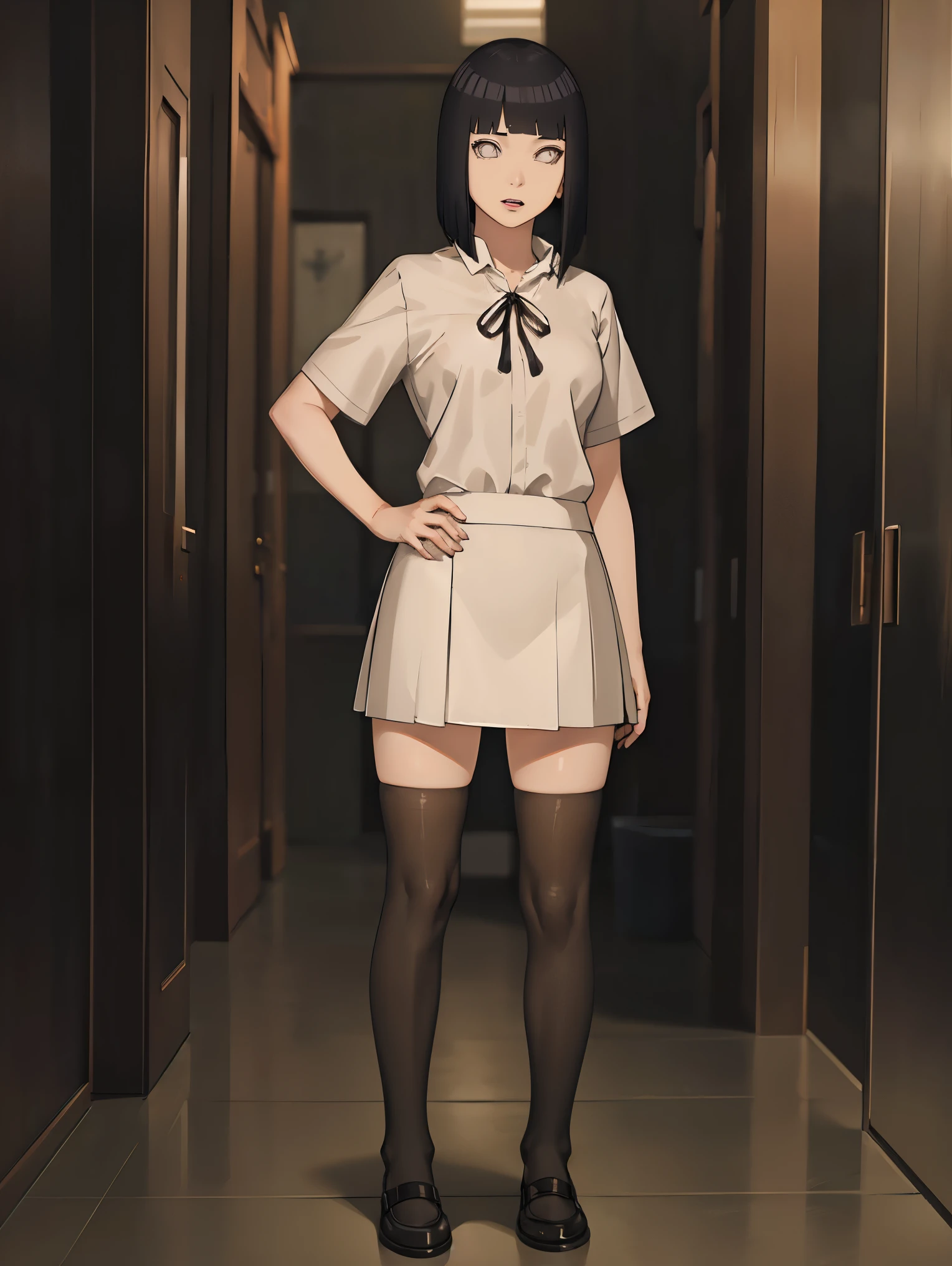 hinata\(boruto\), 1girl, solo,mature female,
BREAK (ribbon, , shirt, short sleeves, skirt, thighhighs, white shirt, white skirt:1.2),
BREAK (full body:1.3), standing,looking at viewer,(solo:1.4),hand on hip,
BREAK (masterpiece:1.2), best quality, high resolution, unity 8k wallpaper,NSFW ,(illustration:0.8), extremely detailed face, perfect lighting, extremely detailed CG, (perfect hands, perfect anatomy),