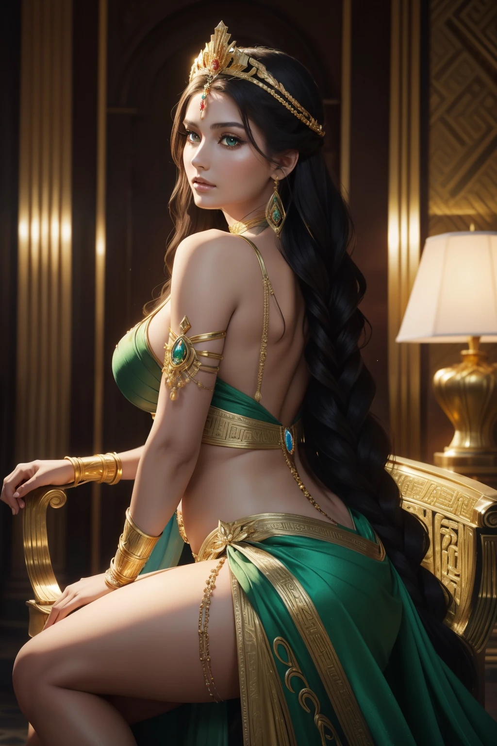 lucy pinder as an ancient goddess, her features striking and ethereal. She sits on a throne adorned with gold and jewels, her posture regal and confident. Her skin glows with an otherworldly radiance, a soft, warm hue that seems to emanate from within. Her eyes are the focal point of the portrait, captivating and piercing, filled with wisdom and power. Her long, flowing hair cascades down her back, each curl meticulously arranged in intricate braids and twists that accentuate her graceful neck. She wears a lavish headdress, its design reminiscent of ancient Egyptian or Greek art, crafted from gold and precious gems that sparkle against her dark skin. A flowing, diaphanous gown drapes her form, its colors shifting between emerald green and sapphire blue, accentuating her curves and hinting at the depths of the ocean or the richness of the earth. In one hand, she holds a scepter, its tip adorned with a glittering ruby, symbolizing her authority and dominion over the world. The background of the image is painted in muted tones of gold and bronze, creating a sense of warmth and luxury that surrounds her, making her presence known even when she's not moving., cinematic shot, dynamic lighting, 75mm, Technicolor, Panavision, cinemascope, sharp focus, fine details, 8k, HDR, realism, realistic, key visual, film still, superb cinematic color grading, depth of field