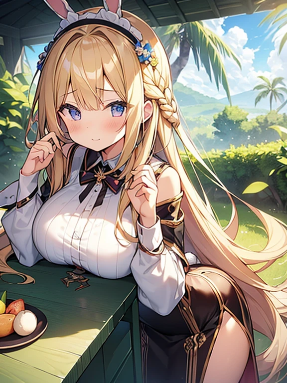 Tabletop, highest quality,figure, wallpaper, Super detailed, Absurd beauty、((1 beautiful girl、))、Tropical costumes、(Blonde、Long Hair、Braided hair、Wavy Hair、Very large breasts、）、Shyness、Imitating a rabbit