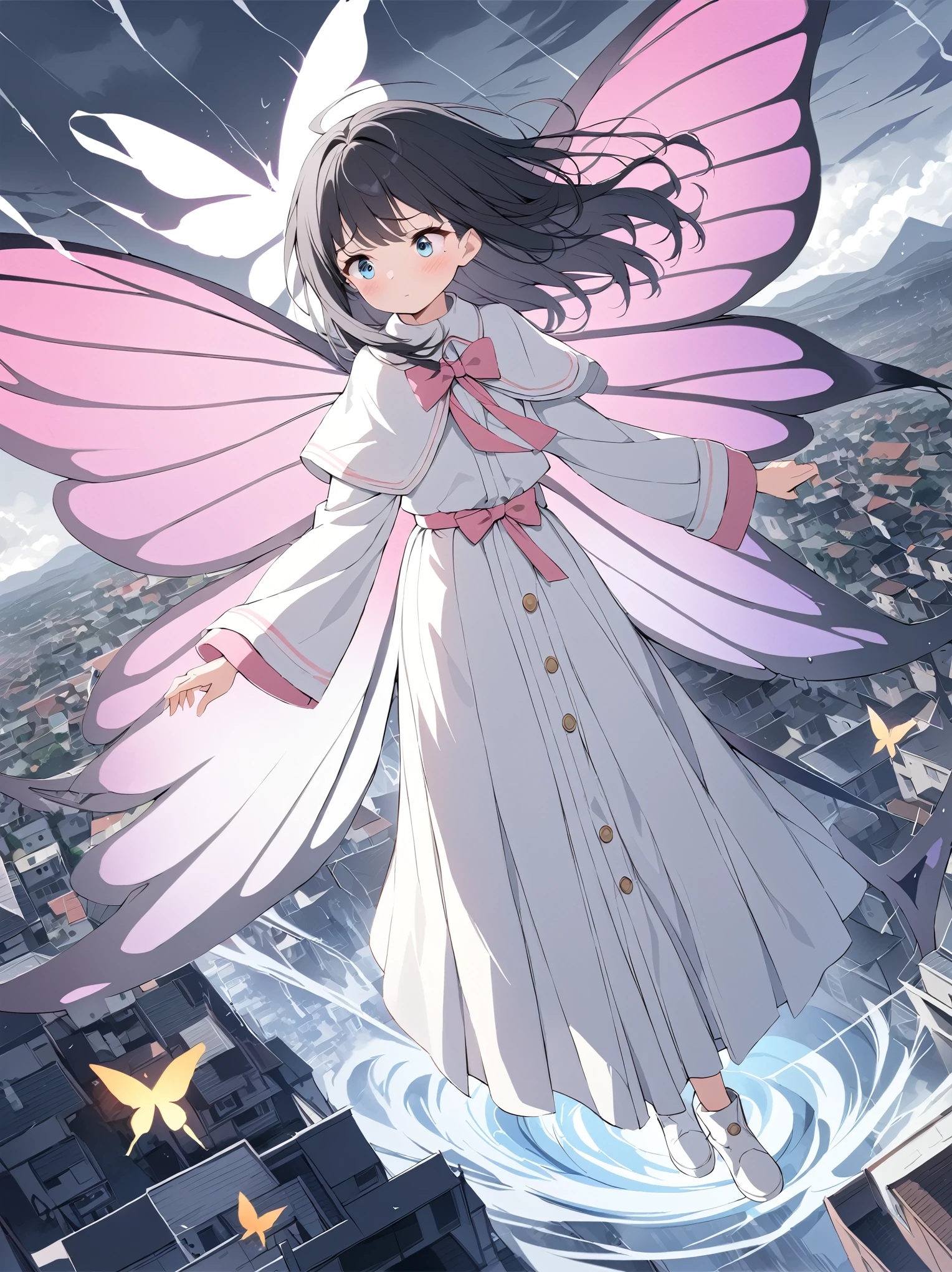 best quality, masterpiece, ultra resolution, super details, anatomically correct, (full body:1.2), 1 girl, solo, (:1.3), (black hair:1.2), high quality eyes, high quality hands, clear blue eyes, (medium hair), loose hair, no hair ornaments, white dress with pink boader, (white caplet:1.3), (large collar bow:1.3), long sleeves, (wide cuffs:1.3), pink obi, (long skirt), (white soft ankle boots:1.2), (huge colorful butterfly wings:1.5), levitating in storm, protesting, sad expression, above a town, visible cyclone wind, wide camara, high quality background, detailed background, depth of field, dynamic angle