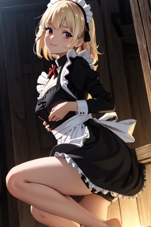 masterpiece, best quality, ultra detailed, highres, extremely detailed CG unity 8k wallpaper, perfect lighting, very detailed background, Outdoor、beautiful and aesthetic,sharp focus, perfect face, Perfect hands、Perfect Fingers、Perfect toes、Five fingers、
1lady、 smiling、
Short blonde, large red eyes、delicate oval face、(flat chest:1.2)、Looking up at the viewer、cleavage、
(Black maid outfit:1.5)、Ambient light、Volumetric Light、shoot from side、(Glowing Skin:1.3)