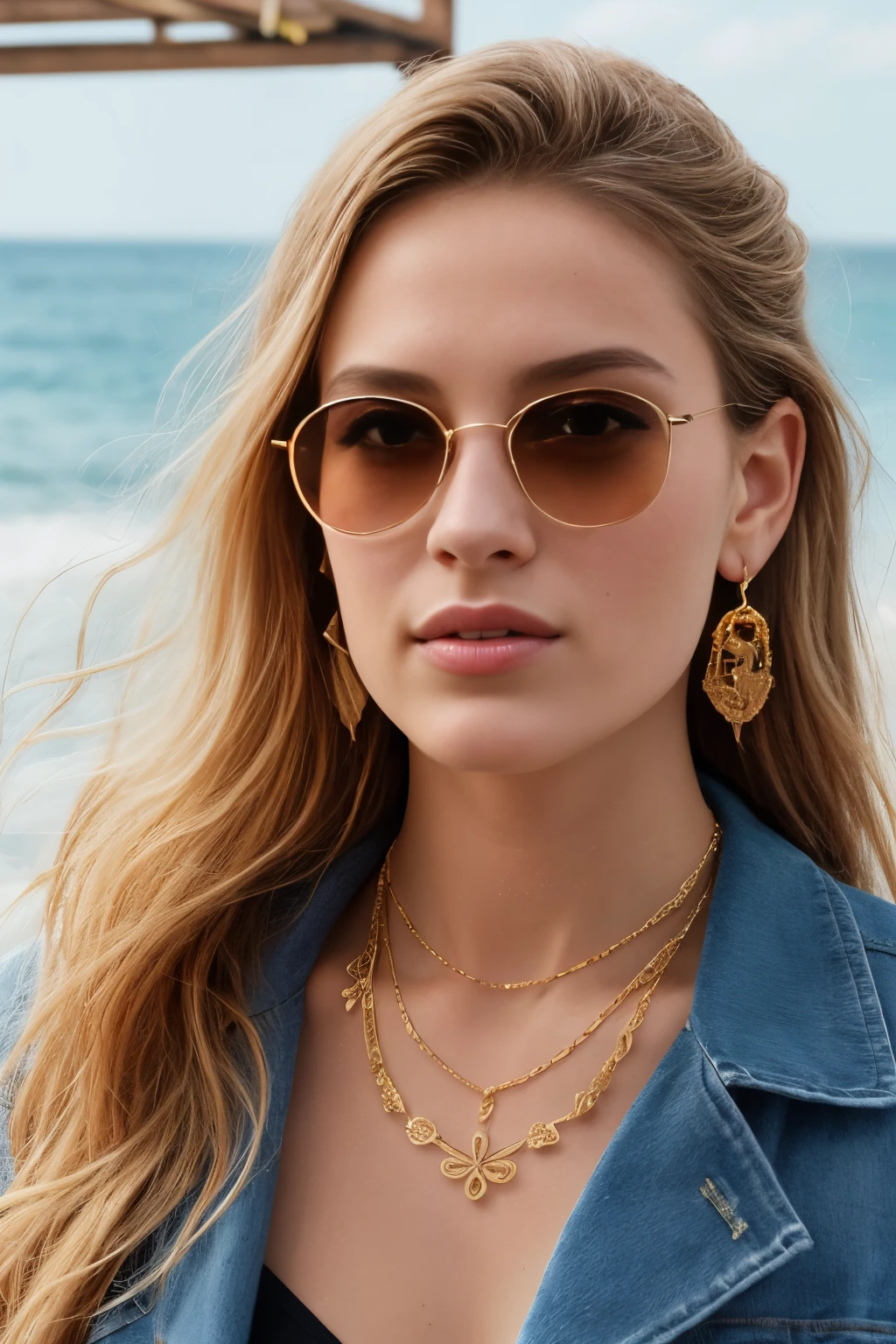 fabulously beautiful daring girl by the sea, sunglasses, rich shades, bright clothes, beautiful summer clothes, earrings, fashionable bead jewelry, long fluffy eyelashes, blond hair, photo portrait, photo realism, beautiful facial features, light, high detail, many details, dynamism, complex details, bohemian, elegant, aesthetic, outline, realistic, beautiful background, backlight, high quality, vivid, artwork, DOLCE&GABBANA style, hyper-detailed, professional, filigree, haze, super-detailed, hyperrealism, close-up, isometric, digital art