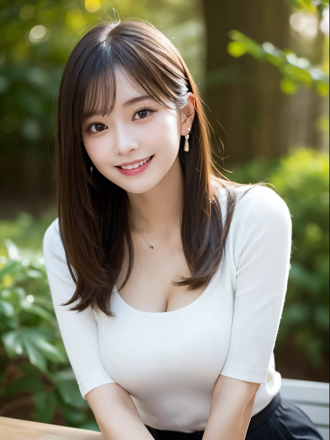Tabletop, highest quality, Photorealistic, In detail, High resolution, 8k wallpaper, Perfect dynamic composition, Beautiful fine details, Medium Straight Hair, Random sexy poses,Random Situation、Light black tight knit shirt、(Beautiful Breasts 1.3)、Big smile、Bokeh、nature、Age 25、(Droopy Eyes 1.3)、Adult Beauty、Japanese