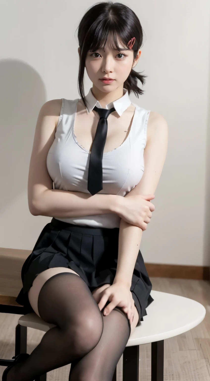 Highest quality、Ultra-high resolution、Professional Lighting、Detailed Background、In the classroom、full body,Kobeni-chan、A sloppy smile、25-year-old woman、beautiful girl、(Kobeni-chan、Jet black hair, Black Hair, bangs, One-sided hair,)、(Red Hair Clip:1.1)、(White sleeveless shirt:1.2)+(Black tie:1.2)+(Grey pleated skirt:1.2)、Black tights、(Huge breasts that look like they might burst:1.2)、(Big thighs:1.1)、Troubled face、Confused Eyes、Sitting on a desk、(open leg:1.3)
