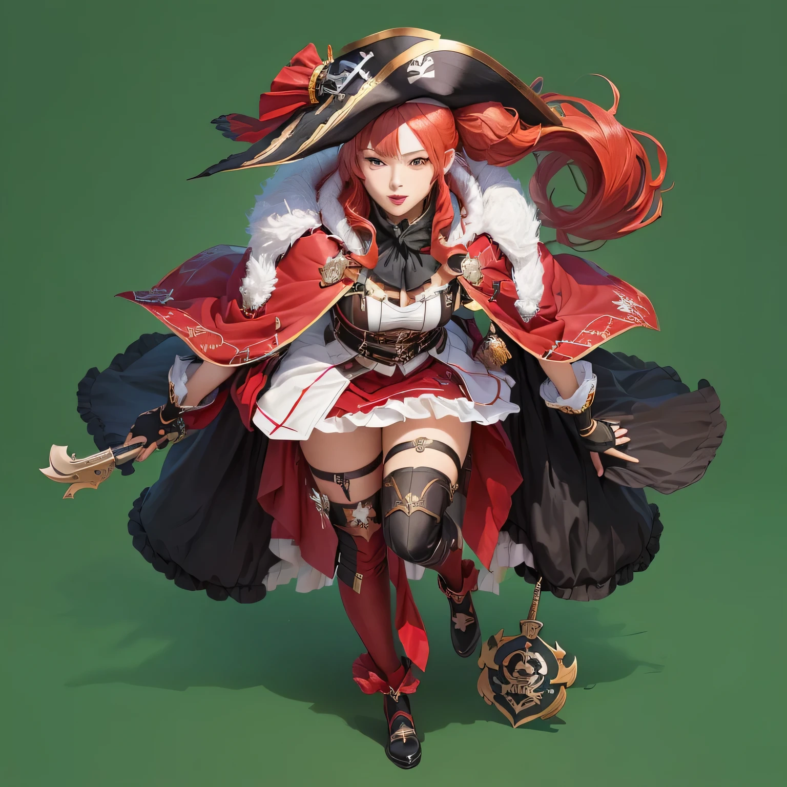 Woman dressed in a pirate costume with a cape and hat, Kshat Garland key art feminine, ayaka genshin impact, From the Azur Lane video game, Kshat Garland, Hololive Houshou Marine, Azur Lane Style, Edelgard from Fire Emblem, Azur Lane Characters, ayaka game genshin impact, Official character art,photograph,high quality,masterpiece,Red Hair,Red and black pirate costume,