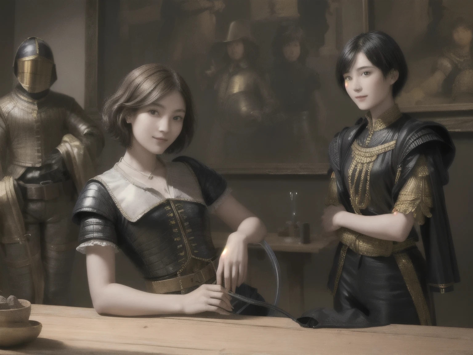 223 Short Hair, 20-year-old woman, A kind smile, (Luxurious stables), (Rembrandt-style painting), ((machinery suit,Clothes with short sleeves)),I can see your abs