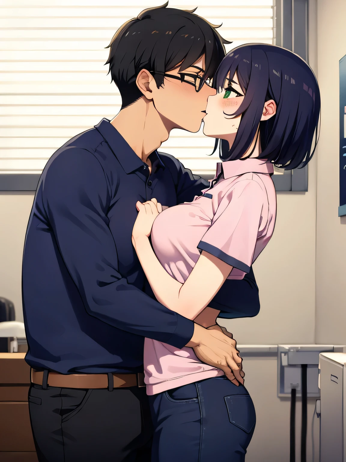 Standing, Reluctant, Running away, Having trouble, Being caught, Green eyes, Wearing a hot pink polo shirt, Black trousers, Adult woman wearing glasses, The exact number of fingers、 Exact number of legs、Exact number of arms、, Short hair Black hair, (blush:1), (Small breasts:1),highest quality, High resolution,Highly detailed face, Extremely detailed CG, (Perfect hands, Perfect Anatomy),Hospital, examination room, dynamic angle, forced kiss, hug, deep kiss, lots of drool, sexual harassment, humiliation