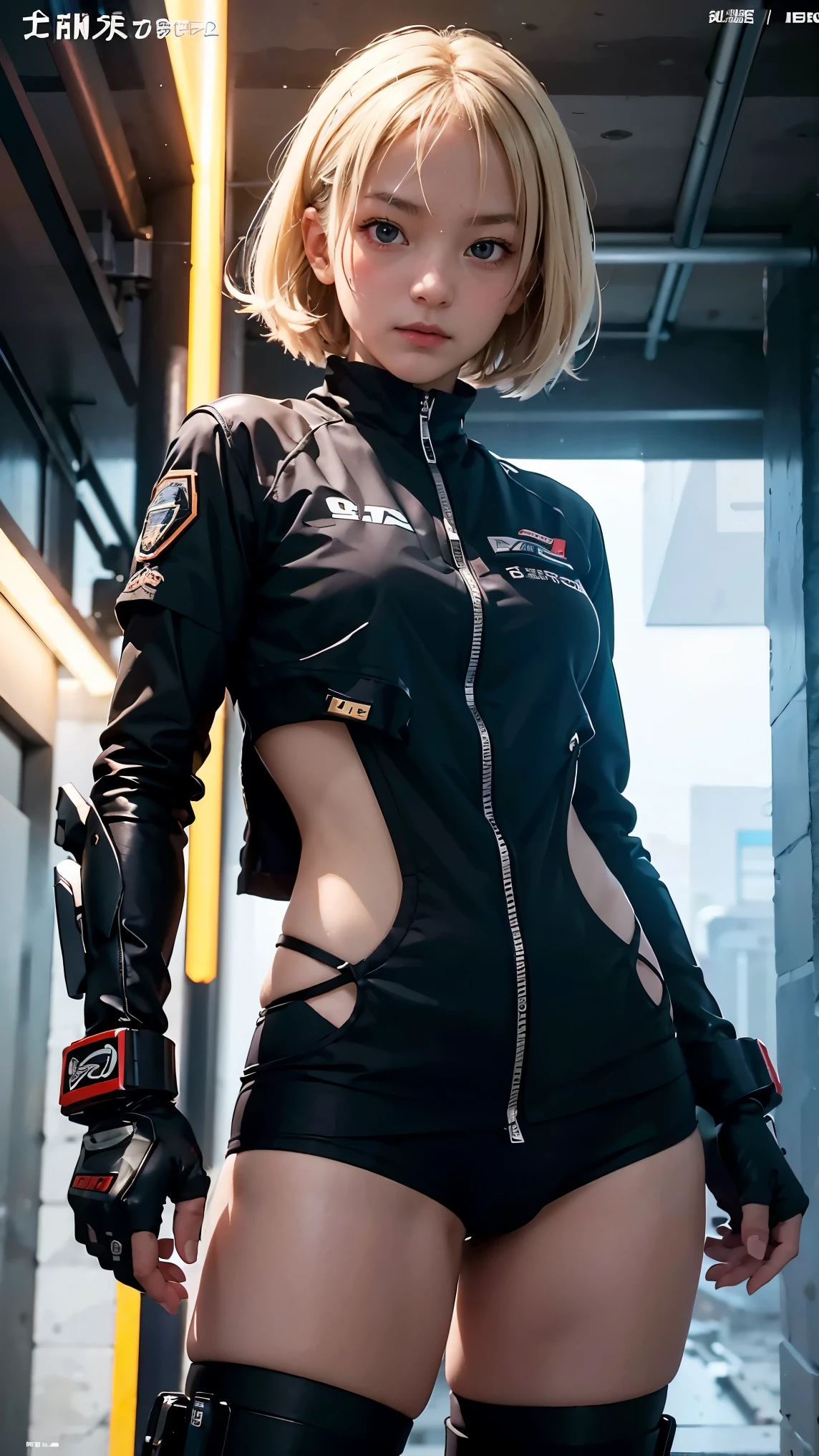 The alone young girl , short light blond hair , Vermilion eyes , standing , shotgun , sci-fi city , High detail mature face, combat suit, white glove, black boot, high res, ultra sharp, She stands confidently in the center of the posteghting a enemy like mechanic cyborg，a determined expression on her face。The background is dark and gritty，There is a sense of danger and a strong feeling。The text is bold and eye-catching，With catchy slogans，Adds to the overall drama and excitement。The color palette is dominated by dark colors，Dotted with bright colorake the poster dynamic and visually striking，(Magazines:1.3), (Cover-style:1.3), Fashion, vibrant, Outfit, posing on a, Front, rich colorful，Background with，element in，self-assured，Expressing the，halter，statement，Attachment，A majestic，coil，Runt，Touching pubic area，Scenes，text，Cover of a，boldness，attention-grabbing，titles，Fashion，typeface，，Best quality at best，Hyper-detailing，8K ，hyper HD