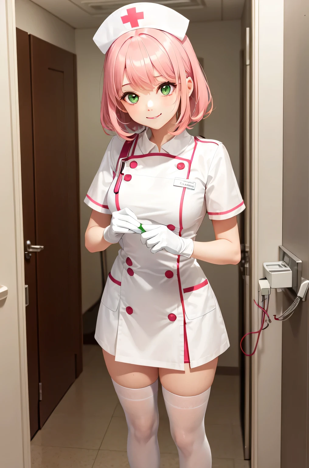 1girl, solo, nurse, white nurse cap, white nurse uniform, ((white legwear, zettai ryouiki)), white gloves, pink hair, green eyes, drooping eyes, smile, standing, ((hospital room)), sharp outline, short sleeves, best quality, masterpiece