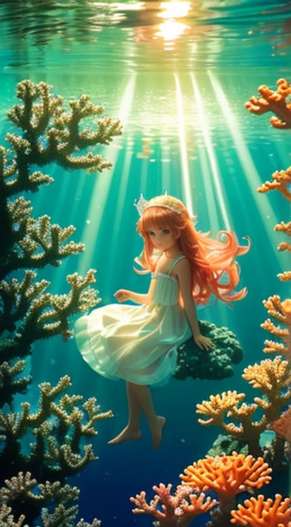 Octopus Princess,length, Real,Colorful,,thin tail,Two small hands,((In the water)),(Beautiful detailed water),((Coral)),Dynamic Angle, floating,(Detailed light),floating hair,(splash),((fish)),Leaf Dress, Fater, nature,(sunlight),(In the waterの森),(full bloom),(Detailed brilliance),drenched, Seaweed, fish,(((Tyndall effect))),