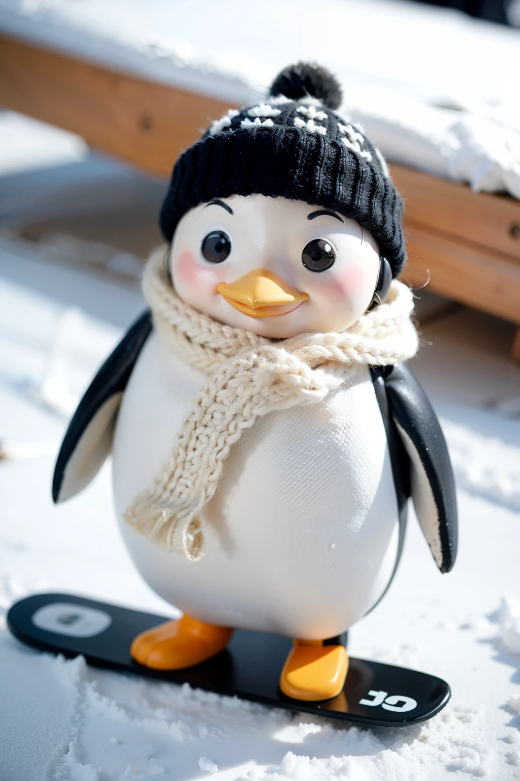 According to the penguin style in the reference picture,Cute penguins,Wrap around a scarf,Wearing a hat,On snowboard,Make a ski move。Cartoon toys,Figures,C4D,yomeedoll little penguin,The whole is a Small scoop in face cream。