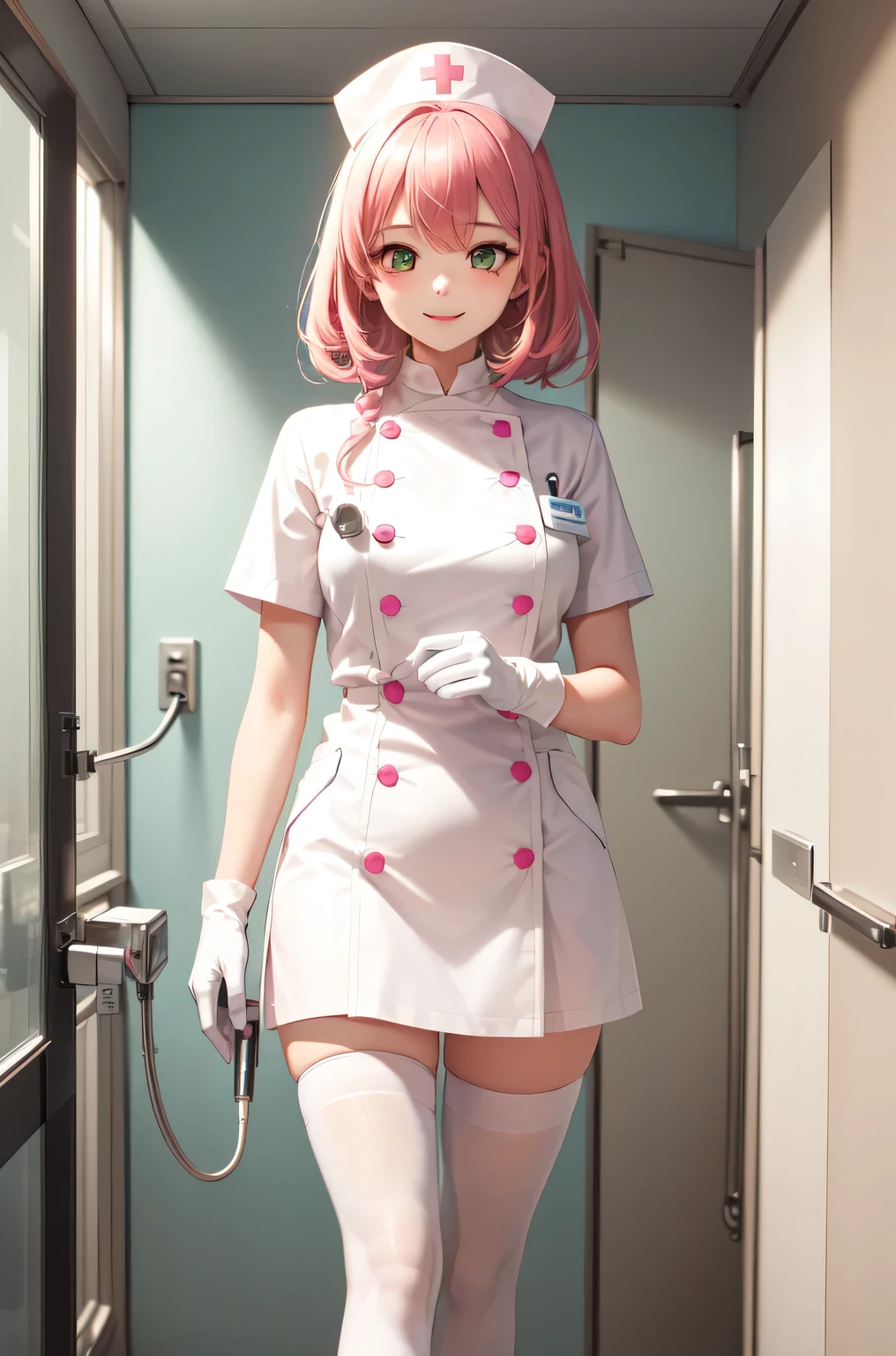 1girl, solo, nurse, white nurse cap, white nurse uniform, ((white legwear, zettai ryouiki)), white gloves, pink hair, green eyes, drooping eyes, smile, standing, ((hospital room)), sharp outline, short sleeves, best quality, masterpiece