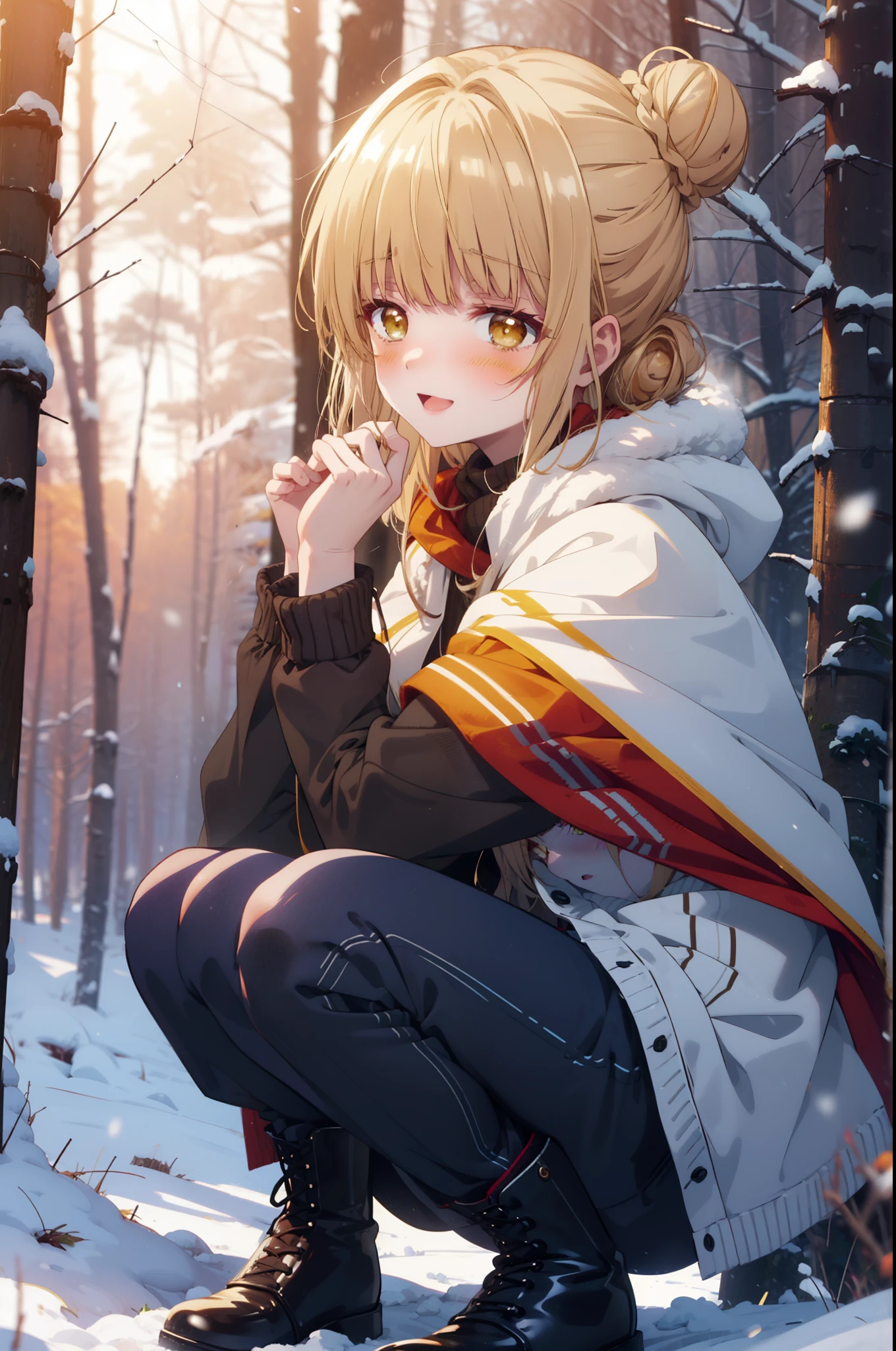 I am mahirushiina, Mahiru shiina, blonde, (Brown eyes:1.7), Long Hair, happy smile, smile, Open your mouth,Hair Bun, single Hair Bun,blush,White Breath,
Open your mouth,snow,Ground bonfire, Outdoor, boots, snowing, From the side, wood, suitcase, Cape, Blurred, Increase your meals, forest, White handbag, nature, Squat, Mouth closed, フードed Cape, winter, Written boundary depth, Black shoes, red Cape break looking at viewer, Upper Body, whole body, break Outdoor, forest, nature, break (masterpiece:1.2), highest quality, High resolution, unity 8k wallpaper, (shape:0.8), (Beautiful and beautiful eyes:1.6), Highly detailed face, Perfect lighting, Highly detailed CG, (Perfect hands, Perfect Anatomy),