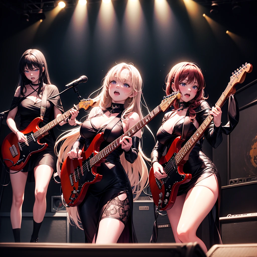 A three-woman metal band dressed in witch costumes、Arrived in Japan and held a mass at a live venue、Neck slashing pose、The intense performance was a huge success、Metal band performance、Fearless expression、Live venue lighting、The band's concept was a reaction to the witch hunts that swept through medieval Europe.、