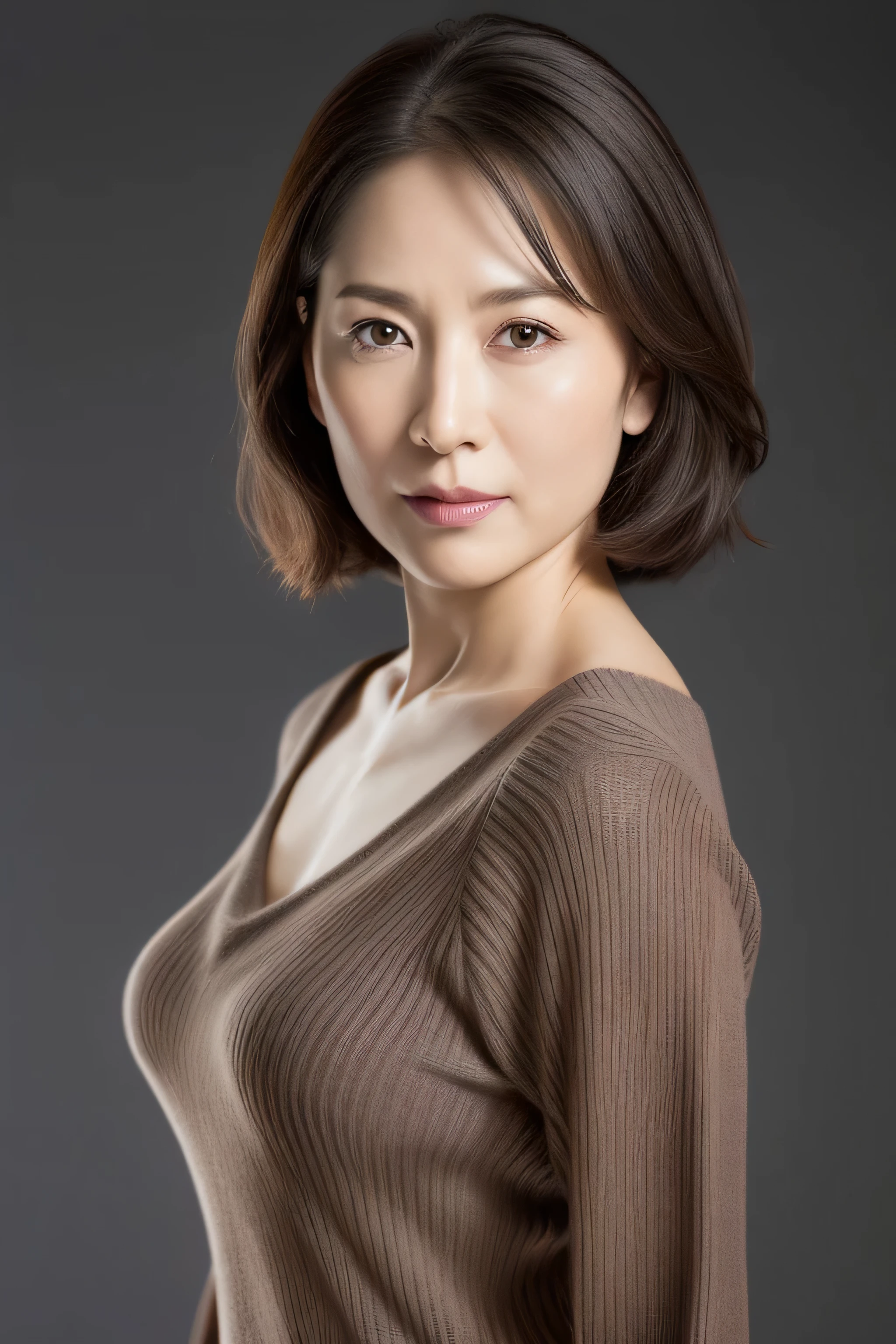 ultra high resolution, masterpiece, rough skin, very detailed, Photoreal, professional lighting, written boundary depth, sharp, gray background, (Front view:1.2),(japanese mature, 38 year old woman is sexy), detailed face, beautiful eyes, bangs, well-shaped small breasts, light brown straight hair, faint lips, (Catch Eye:1.3),((stand in front、look at the audience, serious face eyes.)), sweater, skirt, theta, full body photo, cowboy shot
