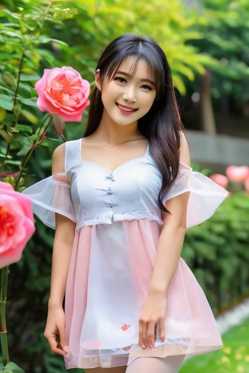 ((16k,super highest quality,Ultra-high resolution,masterpiece,Realistic,Realistic,Very detailed)),Young and adorable 〜20 year old girl,((Seamless Ultra-thin All-through Pantyhose,Ultra-thin seamless pantyhose, sexy, all-through, beautiful legs, tights, stockings, sheer, pantyhose, ladies)),Full body photo,Full body angle,Esbian all over,Baby Face,slid,Long legs,Thin legs,Thin thighs,Beautiful hands and feet,chest,Cute smile,Adorable smile,nice smile,Colorful rose garden in the background,Long Straight Hair,Iris,Black Hair,A cute and beautiful Japanese girl who still retains her youthful charm,A body that still retains a youthful look,Slim waist,((Modern Chinese Traditional Costume,China dress,ミニChina dress,セクシーChina dress,China dressセクシーロリター服ワンピース))