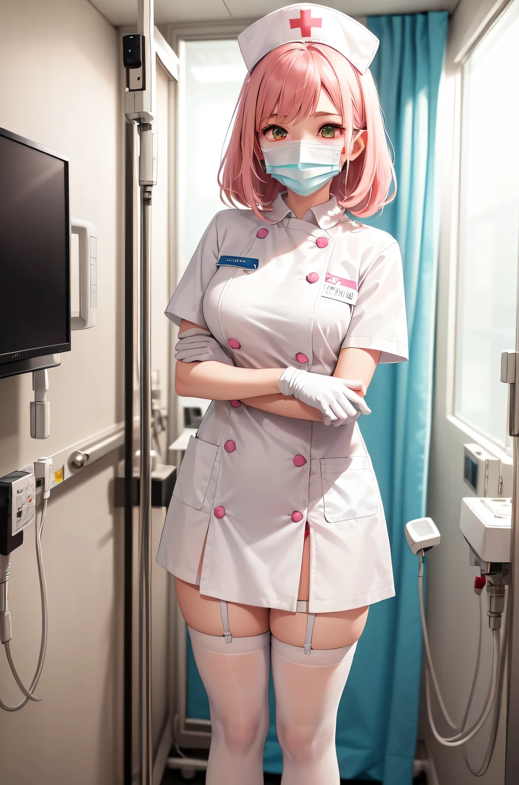 1girl, solo, nurse, white nurse cap, white nurse uniform, ((white legwear, zettai ryouiki)), white gloves, pink hair, green eyes, drooping eyes, ((white surgical mask, covered nose)), standing, ((hospital room)), sharp outline, short sleeves, best quality, masterpiece