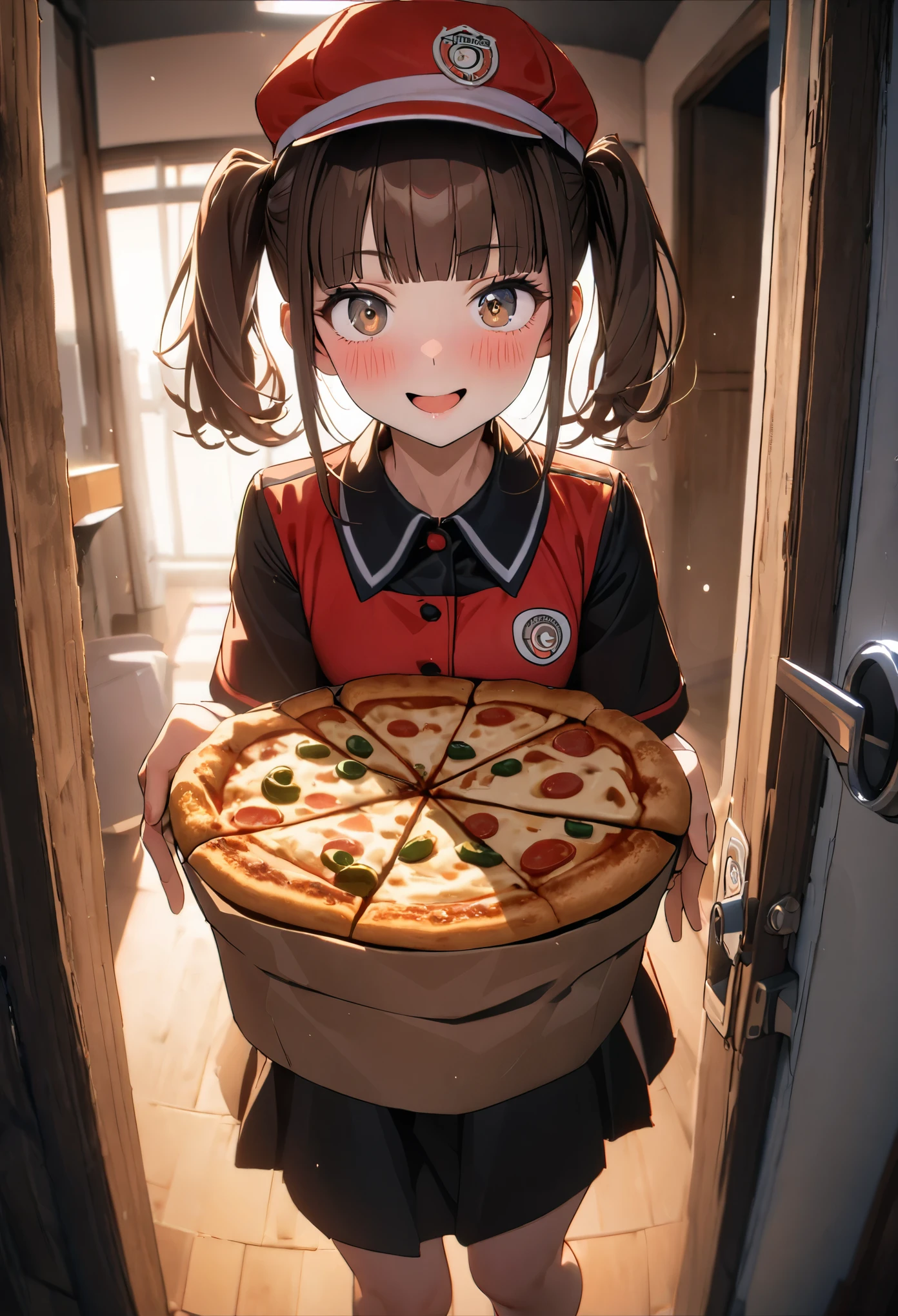 (8K, best quality, master piece: 1.2), super high resolution,16yo,cute girl,ultra-detailed face,detailed eyes,(pizza delivery uniform, delivery cap),straight hair,blunt bangs,deep brown hair,twintails,smile,blush,open mouth,Walks through the front door holdinga box with a pizza shop logo on it,(Fisheye),Rim Light,View your viewers