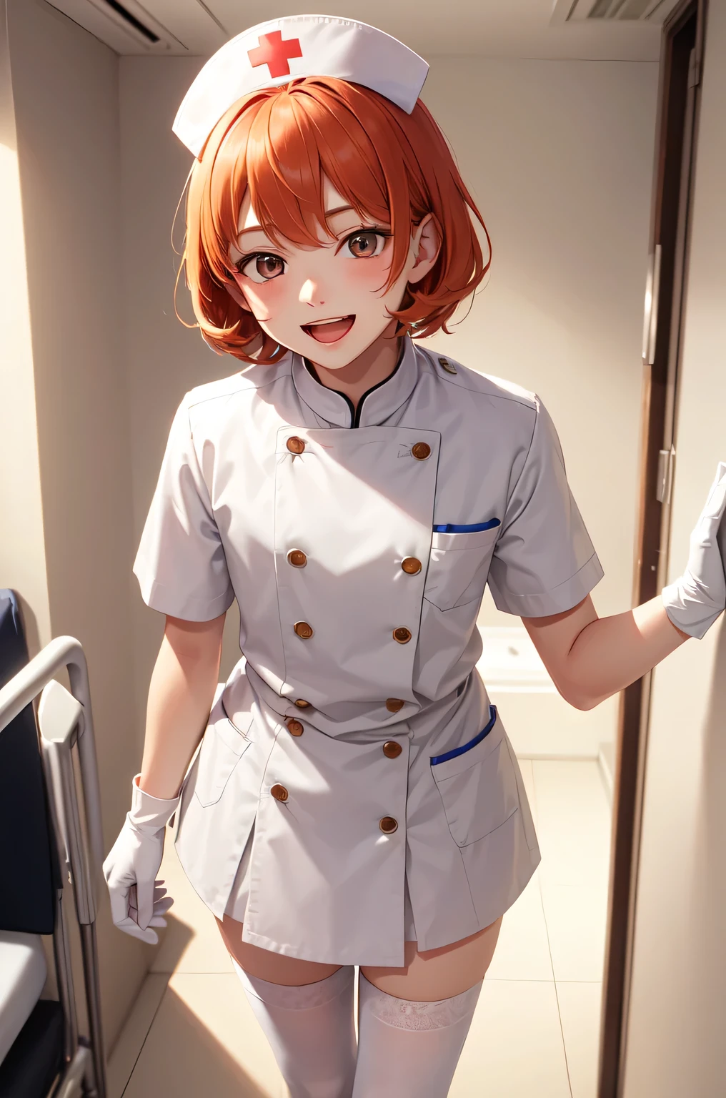 1boy, solo, male focus, nurse, white nurse cap, white nurse uniform, ((white legwear, zettai ryouiki)), white gloves, short hair, orange hair, smile, open mouth, standing, ((hospital room)), sharp outline, short sleeves, shota, 12 years old, best quality, masterpiece