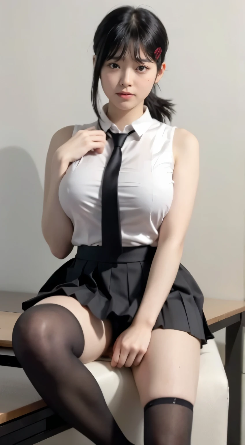 Highest quality、Ultra-high resolution、Professional Lighting、Detailed Background、In the classroom、full body,Kobeni-chan、A sloppy smile、25-year-old woman、beautiful girl、(Kobeni-chan、Jet black hair, Black Hair, bangs, One-sided hair,)、(Red Hair Clip:1.1)、(White sleeveless shirt:1.2)+(Black tie:1.2)+(Grey pleated skirt:1.2)、Black tights、(Huge breasts that look like they might burst:1.2)、(Big thighs:1.1)、Troubled face、Confused Eyes、Sitting on a desk、(open leg:1.3)