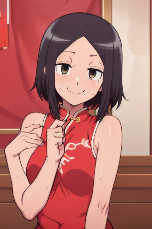 masterpiece, best quality, satomi tachibana, looking at viewer, large breasts, upper body, portrait, seductive smile, put your hands behind your head, armpits, armpits visible, sweaty armpits, wearing red chinese dress,