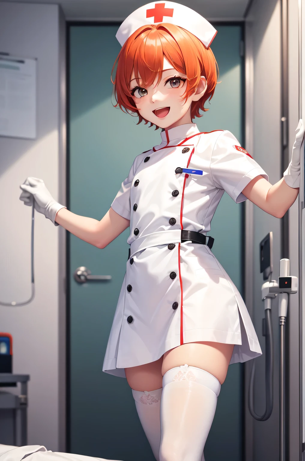 1boy, solo, male focus, nurse, white nurse cap, white nurse uniform, ((white legwear, zettai ryouiki)), white gloves, short hair, orange hair, smile, open mouth, standing, ((hospital room)), sharp outline, short sleeves, shota, 12 years old, best quality, masterpiece