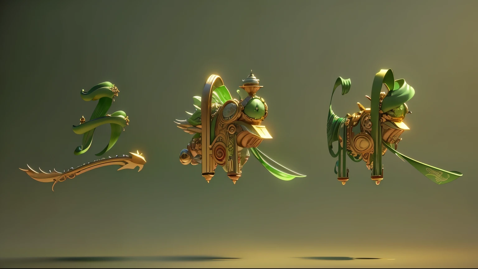 There is a green ribbon,It has gold rings and jewelry, Green and gold accents, Gold and jade, Jewelry Photography, exquisite oled jewelry, green jewelry, C4D Rendering, Art Nouveau Octane Rendering, author:Anna Forsley, Jewelry Design, Stylized 3D graphics, Jewel-like, gold and green, Rendering in Houdini