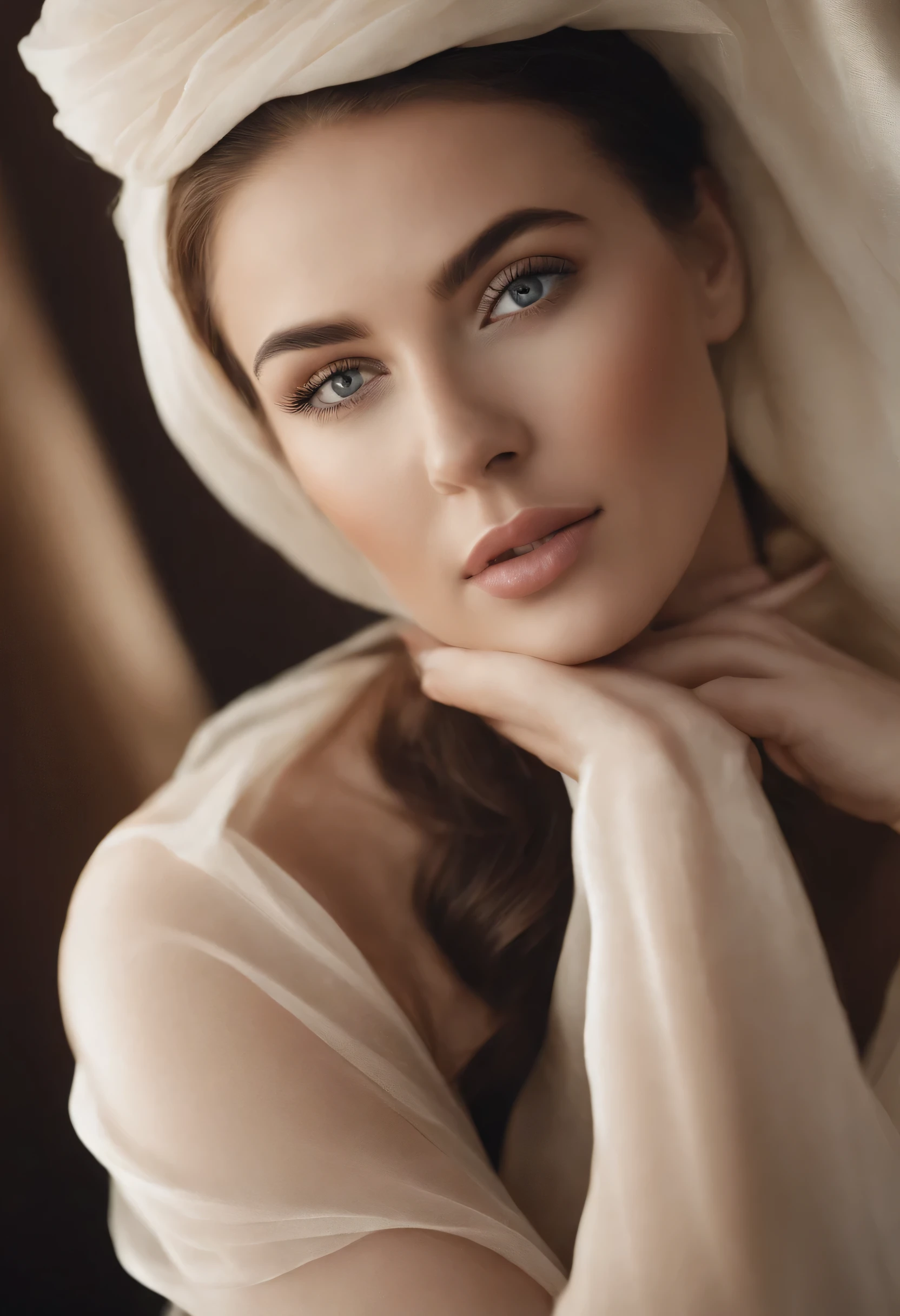 Create an ultra-realistic close-up portrait capturing exquisite facial detail of a beautiful woman with a silk scarf draped over most of her face. Pay close attention to realism, Each freckle is clearly distinguishable.、Make sure it is spread naturally on your cheeks and nose.. Emphasize the soft, Natural changes in skin color, Delicately draw fine hairs、It creates a sense of authenticity.
zoom in on eyes, Conveying depth and complexity through complex reflections and defined irises. Emphasize eyelashes, Realizing fine texture and natural placement. Capture subtle expressions around the eyes, Laugh lines and crow's feet.
focus on lips, Precisely rendered to highlight natural textures and color variations. If she wears makeup, Depicts details that blur the line between reality and art. Make your skin pores visible, Depicts details that allow the viewer to understand the complexities of human skin.
Consider the play of light and shadow on her face., Create a three-dimensional effect that enhances the overall realism. Experiment with warm and cool colors、Brings out the skin's natural warmth while maintaining a vibrant appearance。.
This prompt is、It is intended to create highly detailed and realistic close-up portraits。, Highlights flaws such as freckles and pores, Blurring the line between art and reality.