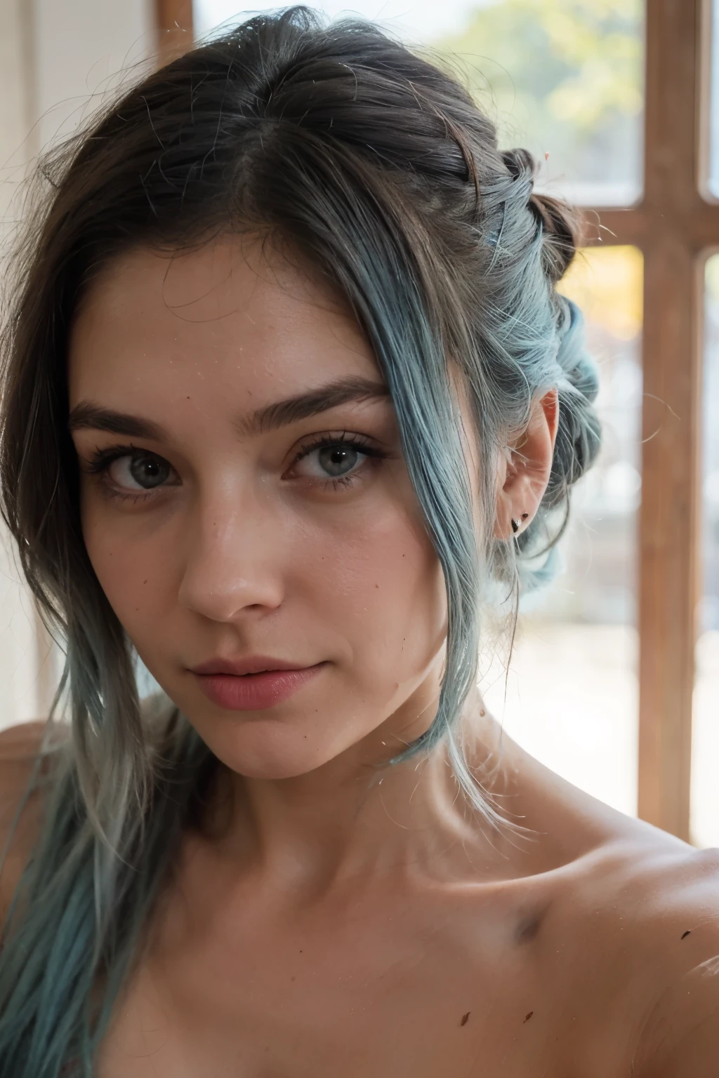 She has long light blue hair, messy bun, beautiful woman, natural.Looking directly at the camera, The selfie should show you without visible makeup.., and she should be looking directly at the camera. Small Reislin style, de cerca, camera close to face and big.