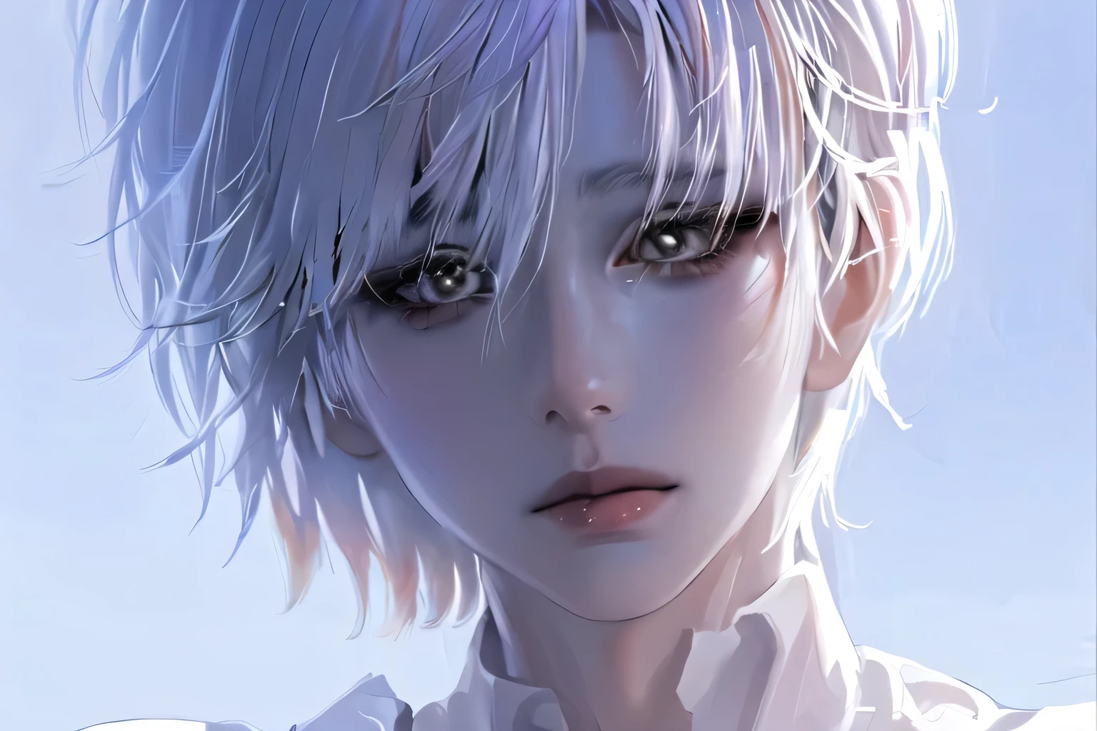 ((1girl), beautiful face, (white hair, short hair:1.3), beautiful hairstyle, realistic eyes, beautiful detailed eyes, (realistic skin), beautiful skin,