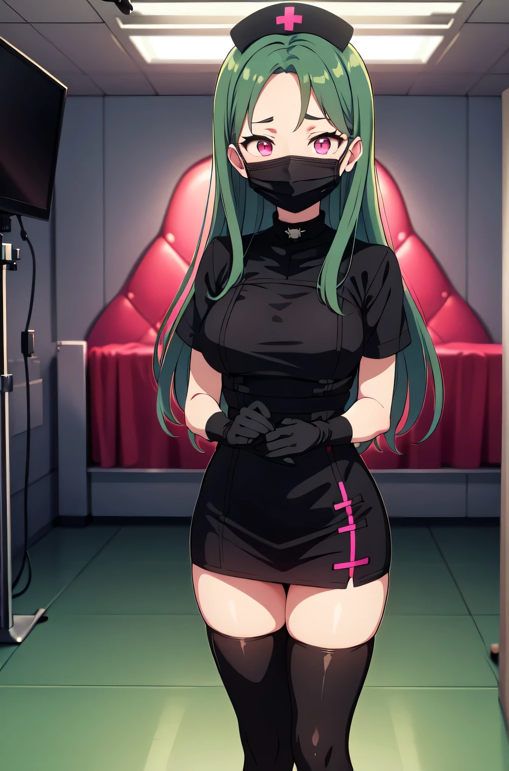 black nurse, 1woman, solo, black nurse cap, black nurse uniform, ((black legwear, zettai ryouiki)), black elbow gloves, forehead, long hair, green hair, pink eyes, ((black surgical mask, covered nose)), standing, ((surgery room)), sharp outline, short sleeves, mature female, 35 years old, best quality, masterpiece