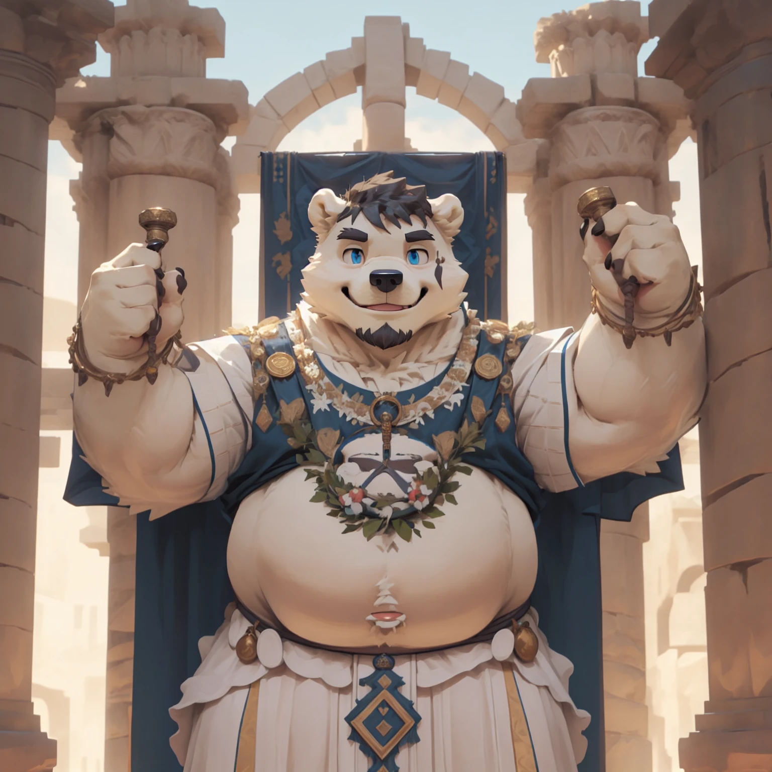 New Jersey 5 Furry,polar bear,portrait,Unique,Exquisite, Chubby,Fat,Thick arms,Rugged muscles,White plush fur,Chubby脸,Black eyebrows,Sky blue eyes,Beard,Athens,Roman architecture,Prince Costume,wreath,Smile