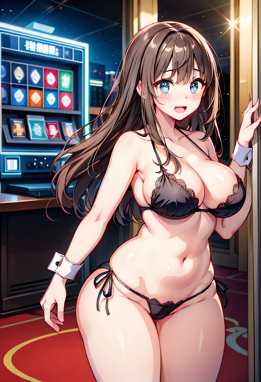 Anime illustration、cyber punk、highest quality、Luxury Casino、Flirt with a man、Shibuya Rin、dealer、Perfect proportions、overwhelmingly big breasts、Very thick legs、Beautiful, shining eyes、Blushed、smile、Cowboy Shot、Showing off your crotch、Split squats