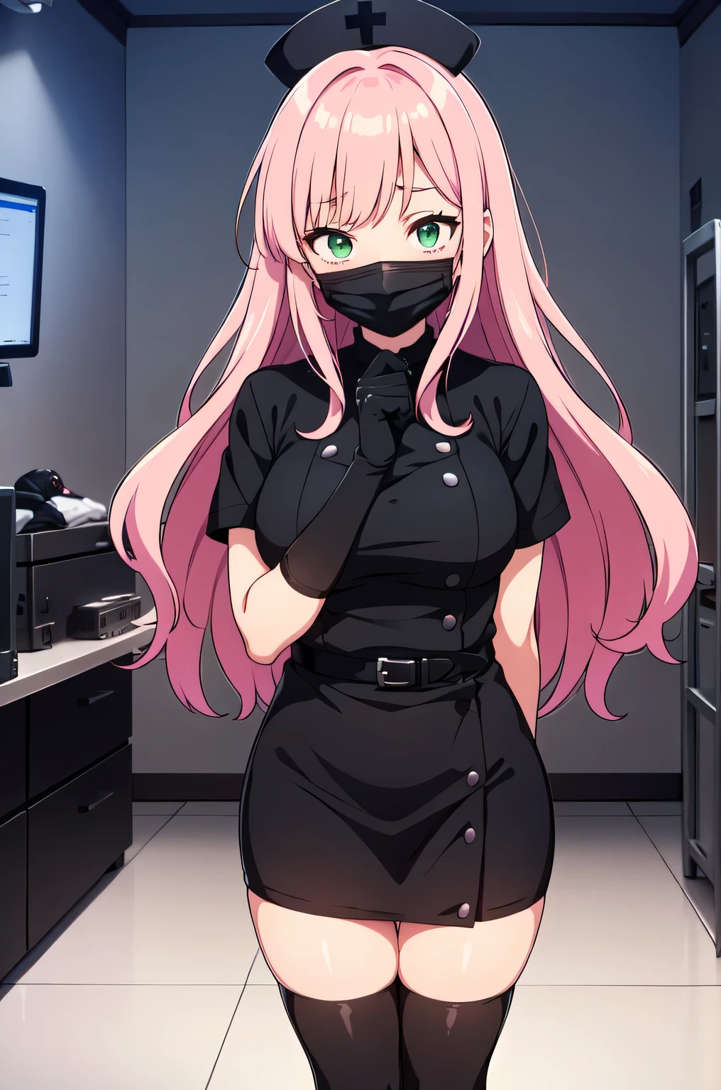 black nurse, 1girl, solo, black nurse cap, black nurse uniform, ((black legwear, zettai ryouiki)), black elbow gloves, pink hair, green eyes, drooping eyes, ((black surgical mask, covered nose)), standing, ((surgery room)), sharp outline, short sleeves, best quality, masterpiece