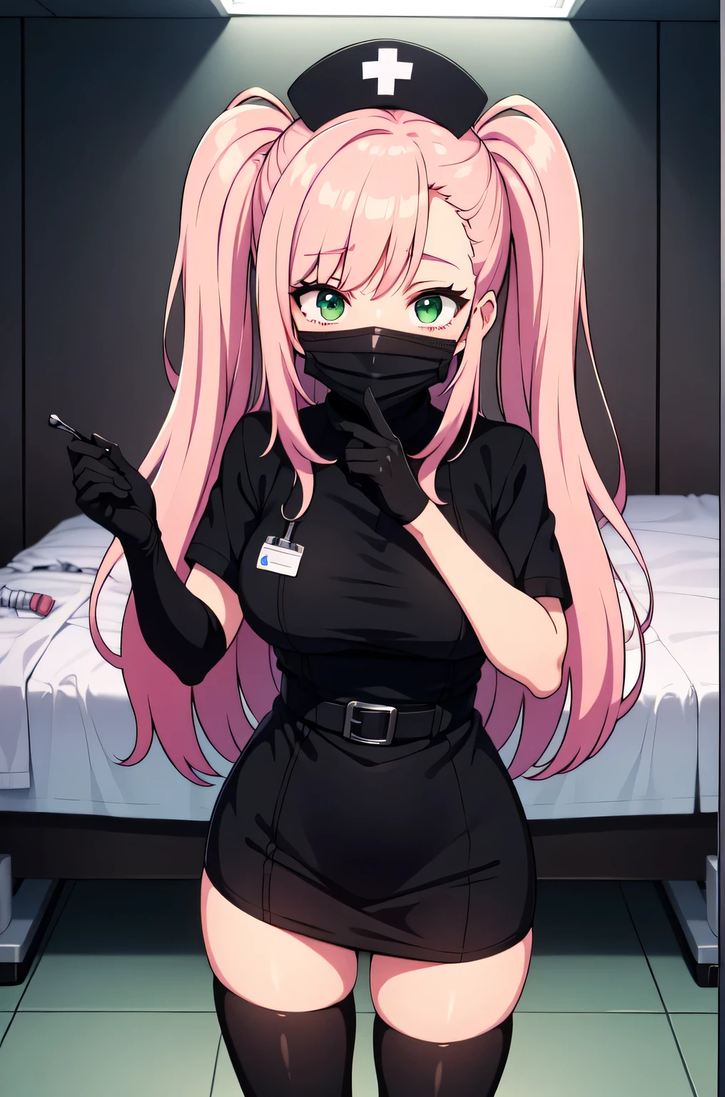 black nurse, 1woman, solo, black nurse cap, black nurse uniform, ((black legwear, zettai ryouiki)), black elbow gloves, pink hair, green eyes, drooping eyes, ((black surgical mask, covered nose)), standing, ((surgery room)), sharp outline, short sleeves, mature female, 32 years old, best quality, masterpiece