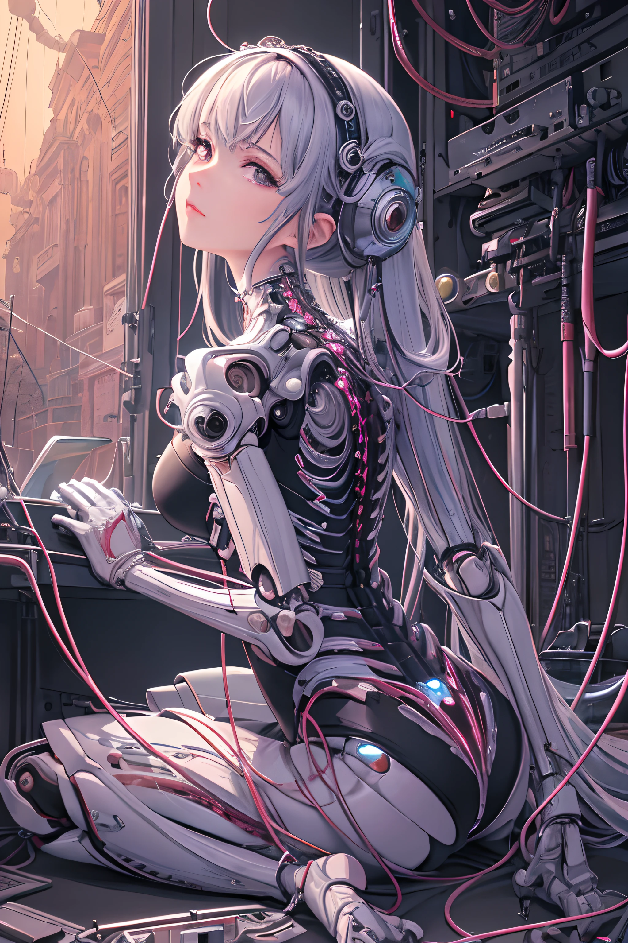 (((masterpiece))), (((best quality))), ((Super detailed)), (Highly detailed CG illustrations), ((extremely delicate and beautiful)),(from the side),Movie Lighting,((1机械女孩)),Solitary,whole body,(Machine made joints:1.2),((Mechanical limbs)),(Blood vessels connected to the tubes),(A mechanical vertebrae attached to the back),((Mechanical cervical fixation)),(sitting),Expressionless,(Wires and cables connecting the neck:1.2),(Wires and cables overhead:1.2)(character focus),Science fiction,Extremely detailed,rich and colorful,The most detailed