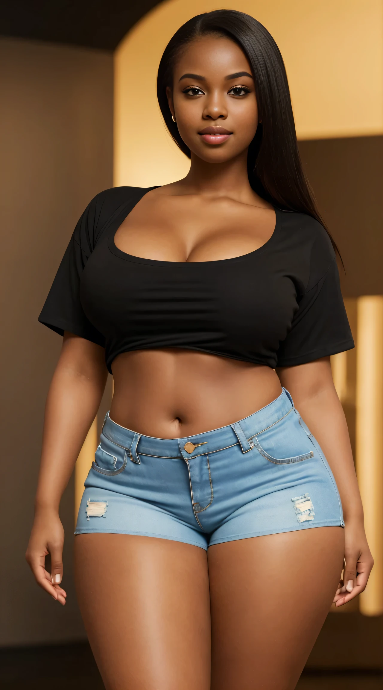 (ultra high definition), (ultra high definition), (full sharpness), (maximum quality), (Cinematic), (8k), (very black Girl), ((very tall girl), ((chubby)), ((extremely beautiful)), (alone), ((full body)), (ultra detailed face), (ultra detailed eyes), (ultra realist eyes), (perfect body), (delicate hands), (very detailed hands), (studio lighting), ((front view)), (very ????), (malicious smile), (soft skin), (very insinuating), ((perky ????)), (((wearing shorts and t-shirt))), ((ultra wide ????)), (very thick thighs), ((very thin waist)), (very small ???????), (very big ???), (natural skin), (unique), (totally realistic), (very hot), (very fat ???), (very wide ???), (so sweet), temptation), (very wide ?????), (broad bones), (very round ???), ((no belly)), ((flat belly))