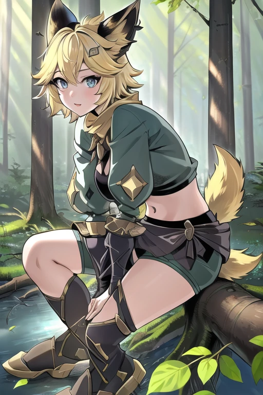 (masterpiece, best quality, high quality, highres, ultra-detailed),Joy_mlbb,1girl,short hair,blonde,animal ears,tail,midriff,navel,detailed eyes, sitting on fallen tree, forest, stream background