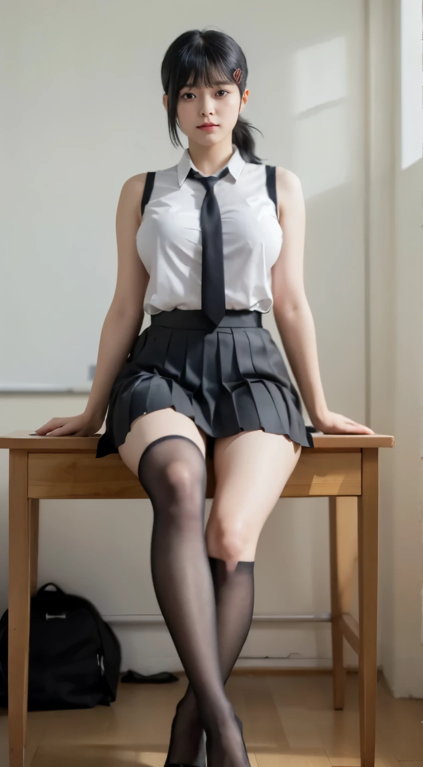 Highest quality、Ultra-high resolution、Professional Lighting、Detailed Background、In the classroom、full body,Kobeni-chan、A sloppy smile、25-year-old woman、beautiful girl、(Kobeni-chan、Jet black hair, Black Hair, bangs, One-sided hair,)、(Red Hair Clip:1.1)、(White sleeveless shirt:1.2)+(Black tie:1.2)+(Grey pleated skirt:1.2)、Black tights、(Huge breasts that look like they might burst:1.2)、(Big thighs:1.1)、Troubled face、Confused Eyes、Sitting on a desk、(open leg:1.3)