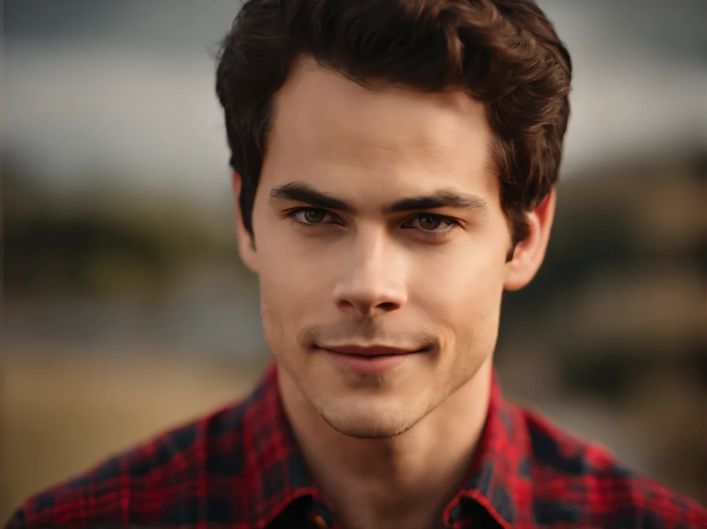 (Dylan O'brien:1.1), beautiful detailed eyes, handsome detailed face, charming smile, stylish brown hair, confident expression, medium close-up shot, against a natural background, studio lighting, high resolution masterpiece:1.2, realistic, vibrant colors, Red plaid shirt.